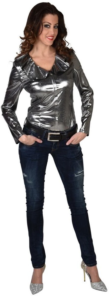 Glitter & Glamour Kostuum | Zilveren Glitter Folie Blouse Vrouw | XL | Carnaval kostuum | Verkleedkleding